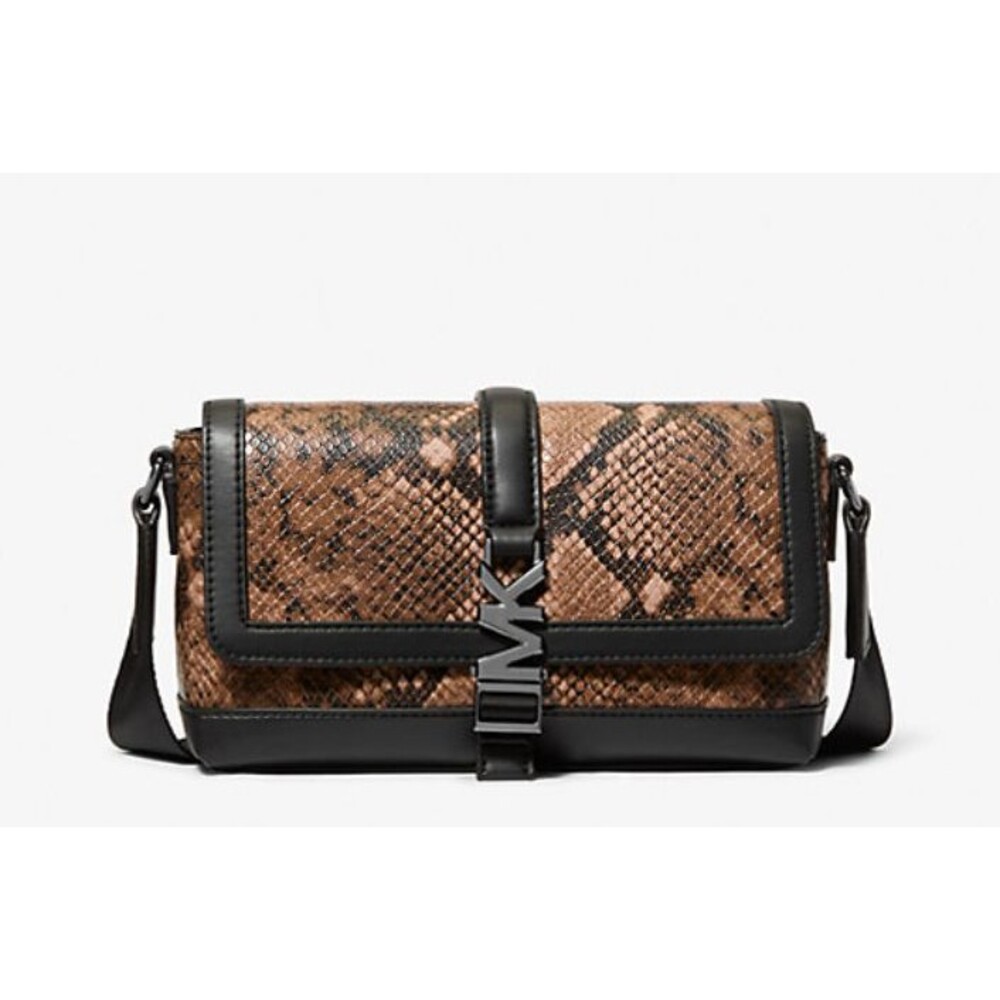 MICHAEL KORS Cyrus Small Brown Snake Embossed Flap Messenger Bag Gunmetal NWT